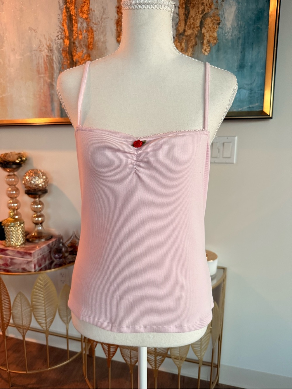 Light Pink Spaghetti Strap Ribbed Cami with Rose Accent